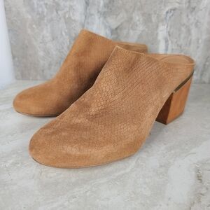 Calvin Klein Judia Tan Python Nubuck Suede Leather Wooden Block Heel Mules 8.5